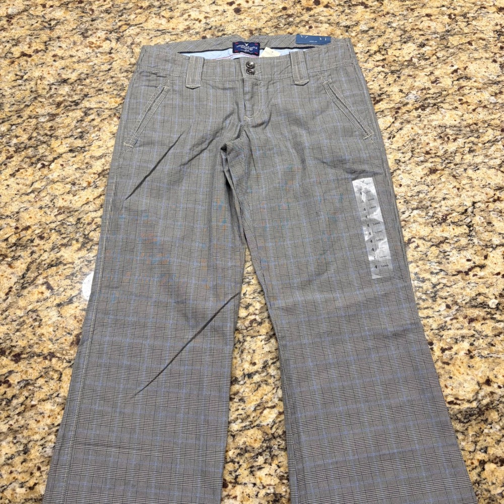 NEW American Eagle Downtown Wide Leg Slouchy Plaid Pants Grey Blue 4 Long ws